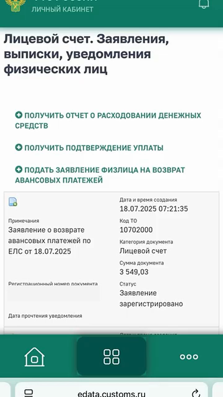 Заявление на возврат в кабинете ФТС со статусом «Заявление зарегистрировано»